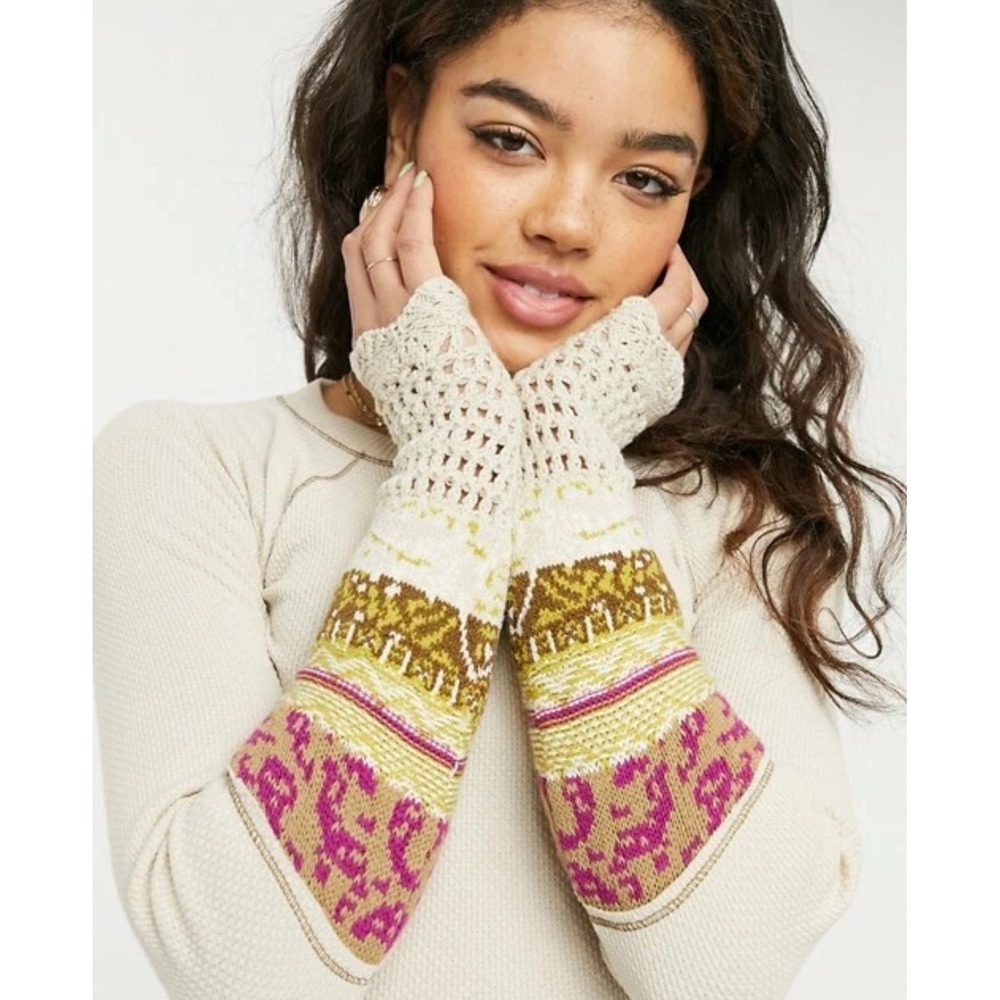 Free People OB1203408 In The‎ Mix Jacquard Cuff Top Linen Combo XS